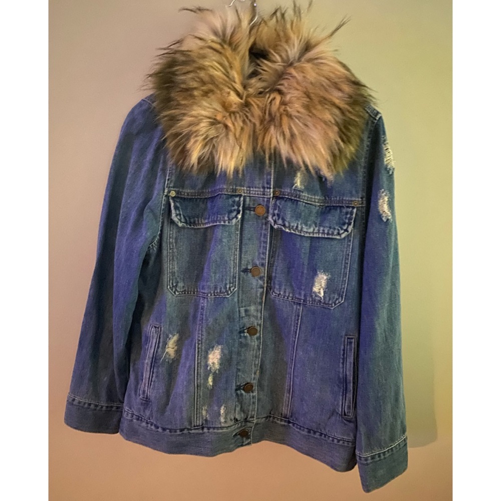 BLANK NYC -Distressed Oversized Denim Faux-Fur Lined Jacket with Faux Fur Collar